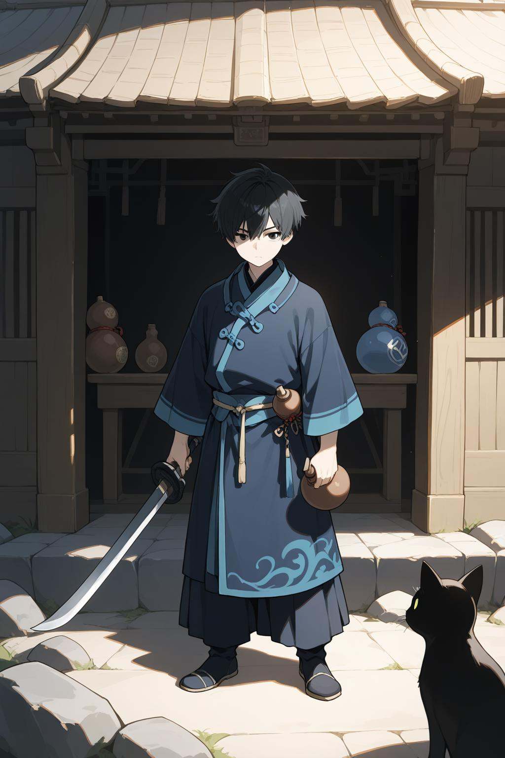 A man around thirty years old,holding a Chinese sword,scabbard,gourd,black cat,male focus,blue Taoist robe,black hair,black eyes,solo,Looking at the audience,standing with their hair between their eyes,closing their mouths and looking serious,Outdoor,stone,thatched cottage,best quality,ultra detailed,quality,high quality,