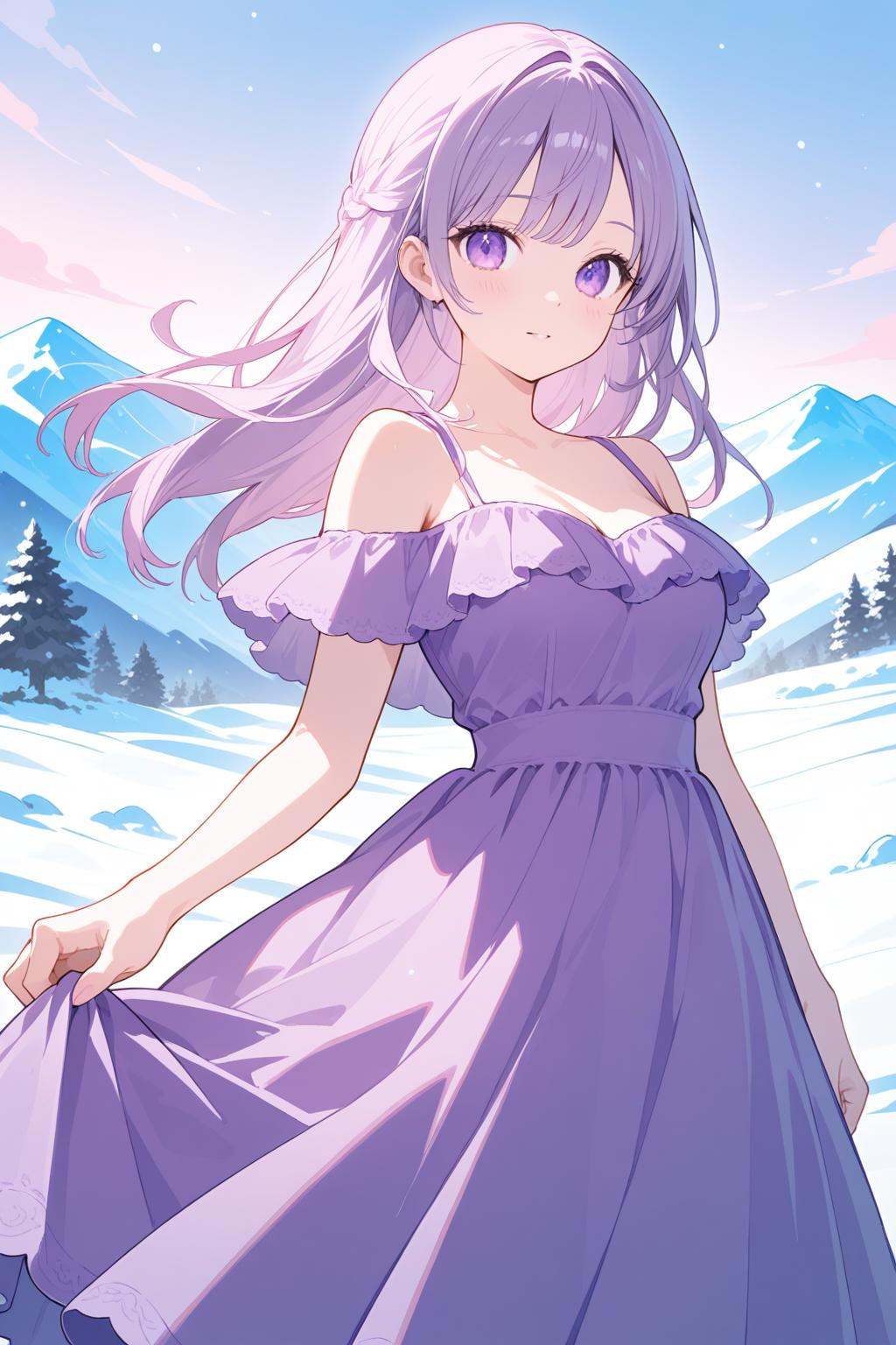 A beautiful woman,dressed in purple dress,with exposed shoulders and big purple eyes,stood on a snowy mountain,pastel_color,