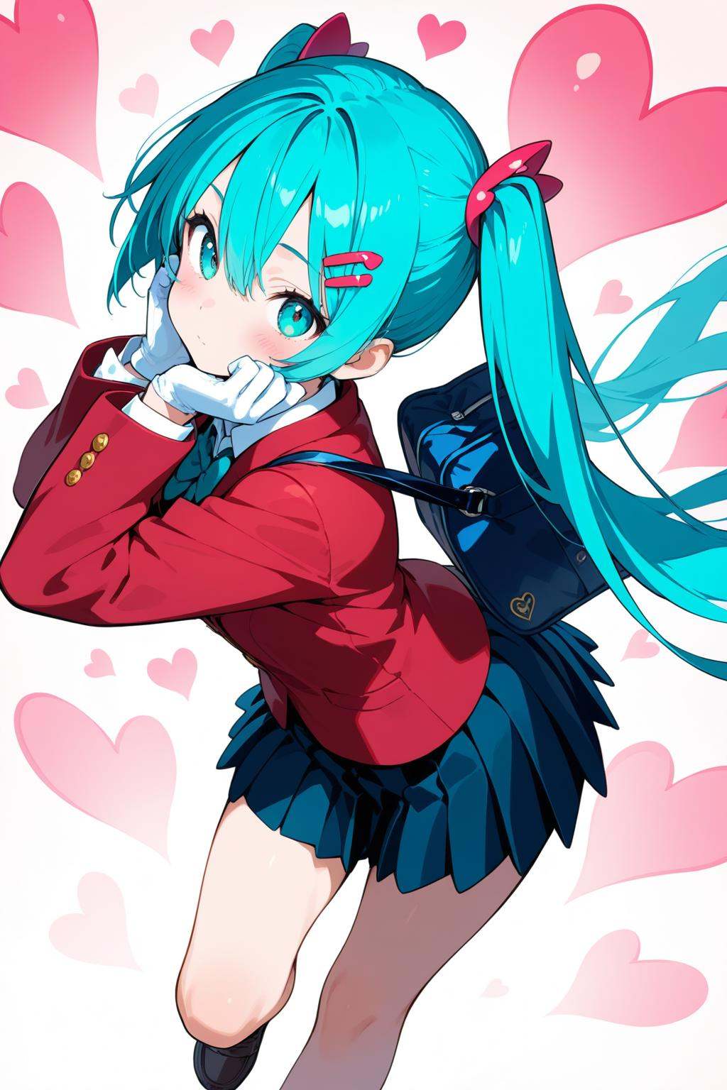 close-up,dynamic pose,dynamic angle,solo,twintails,skirt,long hair,school uniform,hair ornament,1girl,sfw,blush,hairclip,long sleeves,aqua hair,aqua eyes,shoes,bag,pleated skirt,very long hair,aqua eyes,school bag,twintail hair,hair between eyes,original,long hair over shoulder,white gloves,looking at viewer,gloves,closed mouth,red jacket,jacket,heart,bangs,heart background,hand on own face,