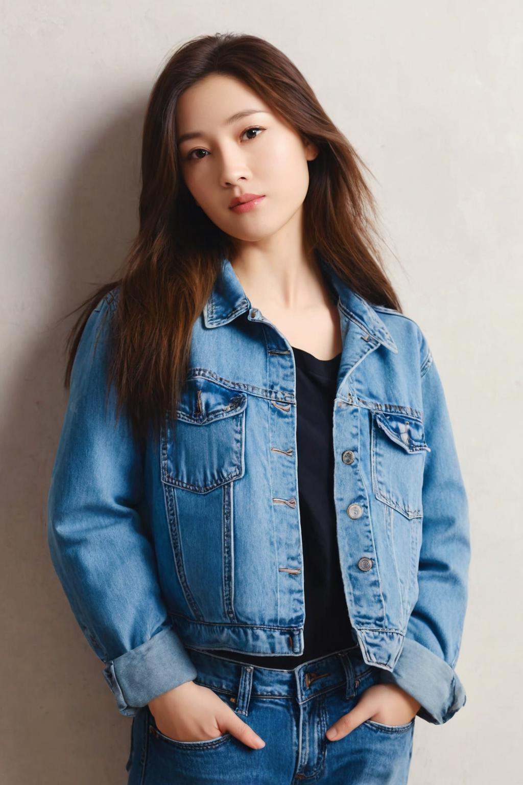 1girl, denim, solo, jeans, pants, realistic, long hair, brown hair, hand in pocket, looking at viewer, shirt, unbuttoned, lips, jacket,masterpiece,best quality,