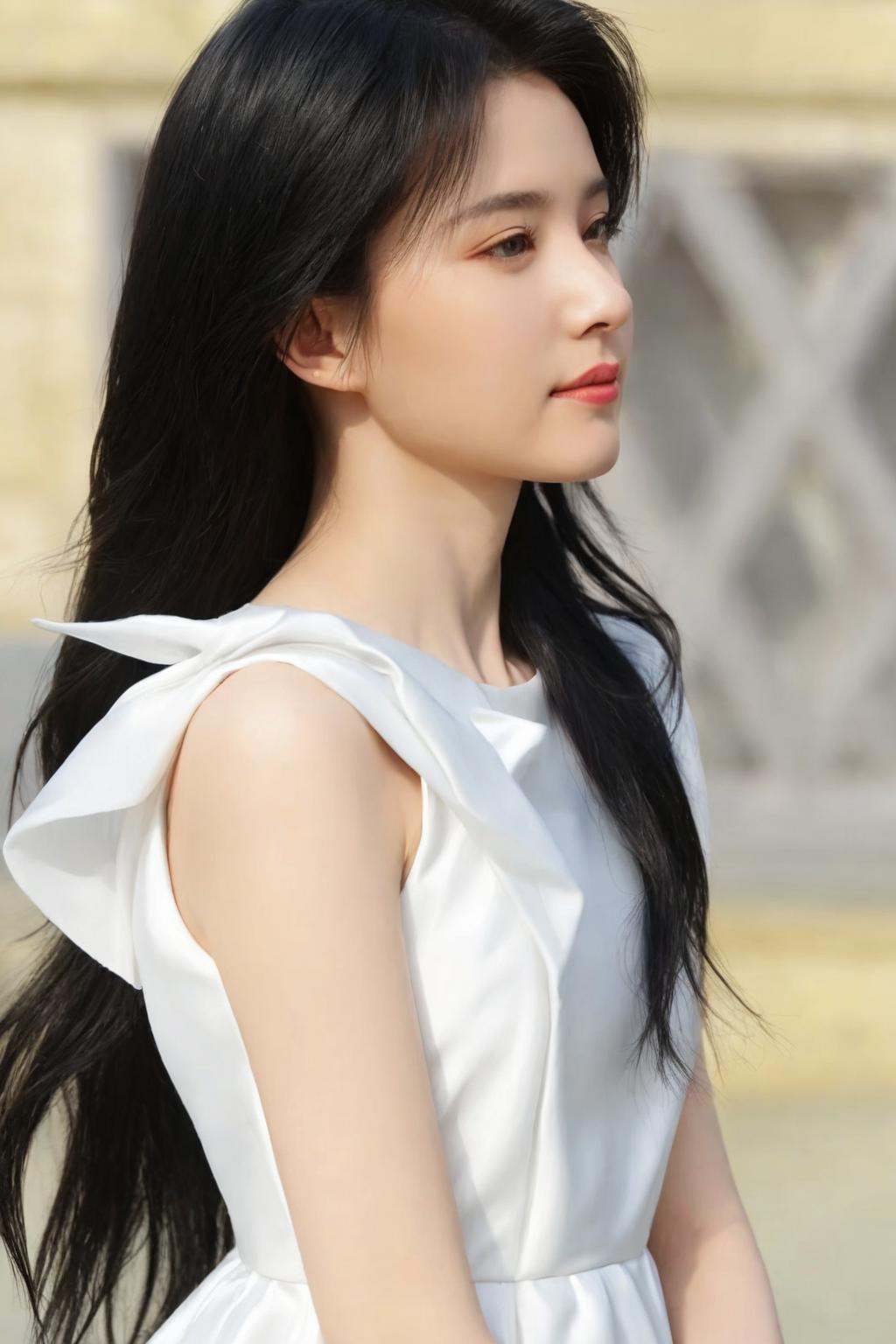 1girl,solo,realistic,white dress,black hair,long hair,upper body,masterpiece,best quality,