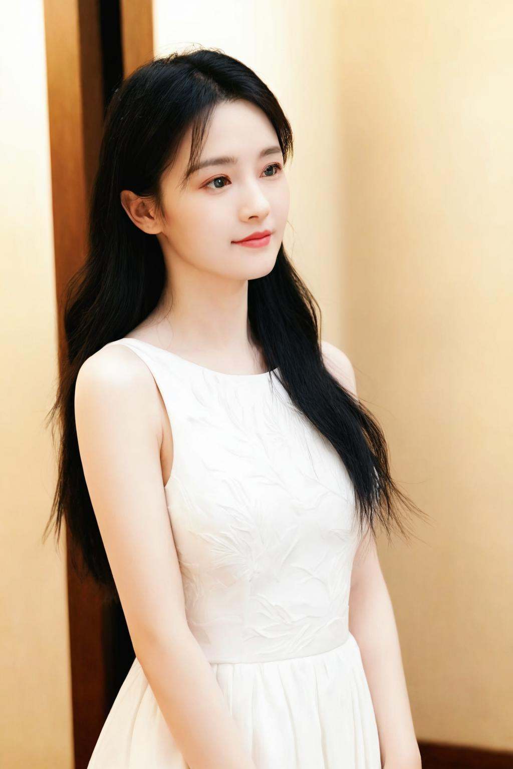 1girl,solo,realistic,white dress,black hair,long hair,upper body,masterpiece,best quality,