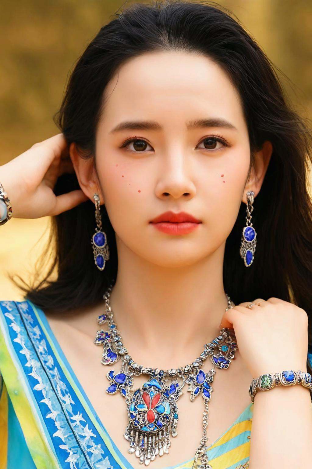 1girl,solo,jewelry,realistic,black hair,necklace,earrings,bracelet,hair ornament,forehead mark,cowboy shot,masterpiece,best quality,