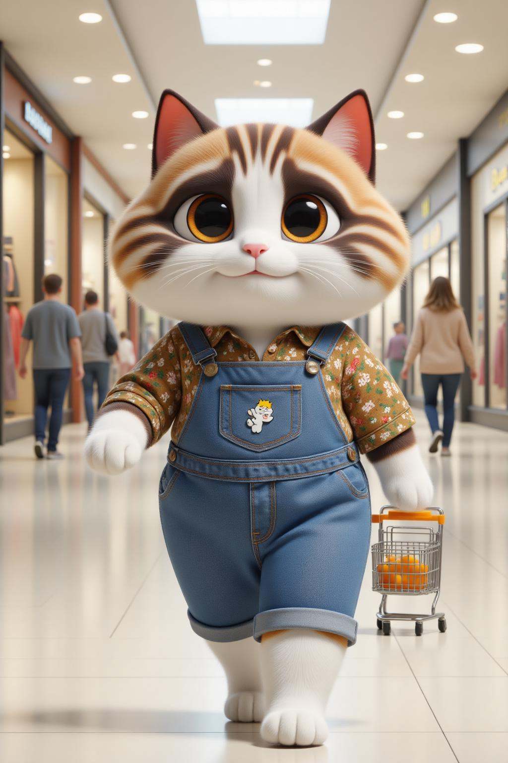 This is a highly detailed CGI image depicting an anthropomorphic cat walking through a brightly lit, modern shopping mall. The cat, which appears to be a domesticated tabby with a white face and chest, has large, expressive brown eyes that dominate its face. It is dressed in casual, denim overalls with a floral patterned shirt underneath. The overalls have a small emblem of a cat on the left pocket. The cat is carrying a small shopping cart filled with orange items, possibly fruits or vegetables.