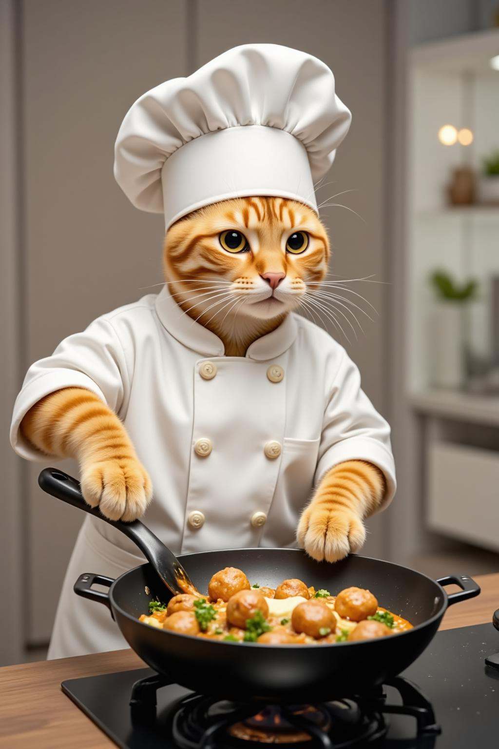 This is a highly detailed,digital illustration of a tabby cat dressed as a chef,set in a modern kitchen. The cat,with its orange and white fur,is the central focus of the image. It wears a traditional white chef's hat and a matching white double-breasted chef's coat with epaulets. The cat's expression is focused and determined as it stirs a pan of food on the stove,using a wooden spoon. The pan is black and contains what appears to be a savory dish with meatballs,vegetables,and a creamy sauce.,