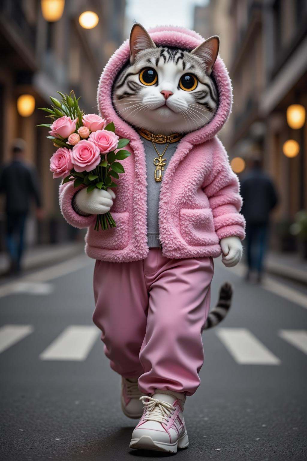 Anthropomorphic animal,This image is a high-resolution digital photograph featuring an anthropomorphic gray and white cat dressed in human clothing. The cat is walking down a city street at night, holding a bouquet of pink roses in its left paw. The cat is wearing a pink, fluffy jacket with a hood and matching pink pants. The jacket has a textured, fuzzy appearance, and the pants are sleek and smooth, giving a contrast in texture. The cat's large, round eyes are a striking yellow, and it has a small, pink nose and whiskers. 