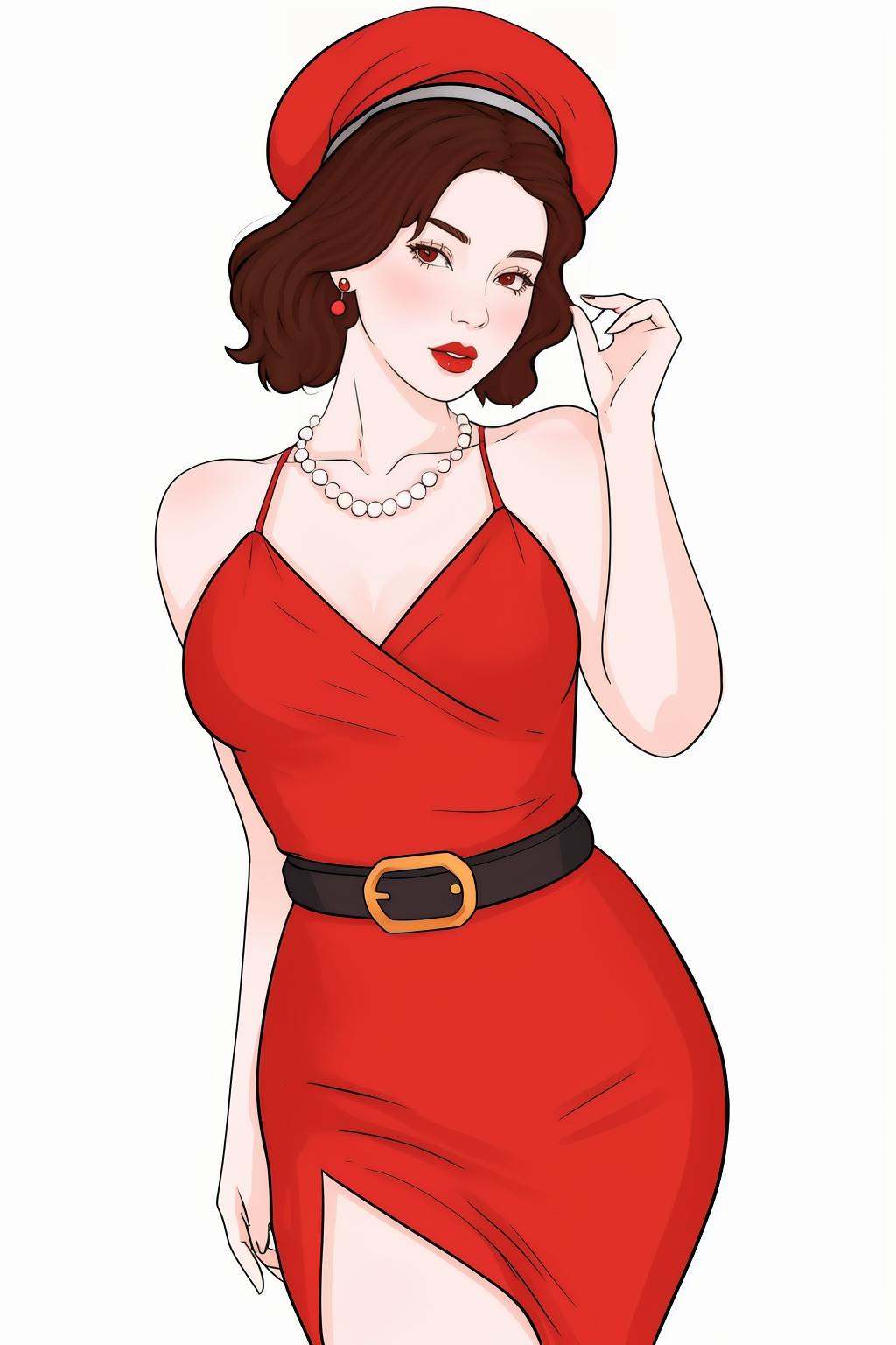1girl, solo, hat, dress, jewelry, necklace, earrings, brown hair, red dress, short hair,  belt, pearl necklace, red lips,masterpiece,best quality,white background,