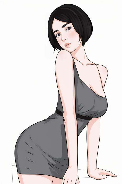 1girl, solo, black hair, dress, short hair, bare shoulders,  black eyes, looking at viewer,masterpiece,best quality,white background,