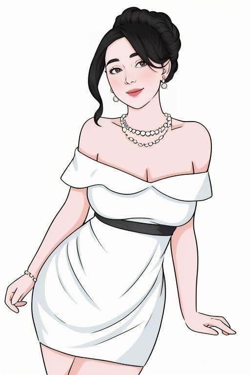 1girl, solo, pearl necklace, dress, jewelry, necklace, black hair, smile,  white dress, looking at viewer, off-shoulder dress, bare shoulders, earrings,masterpiece,best quality,white background,