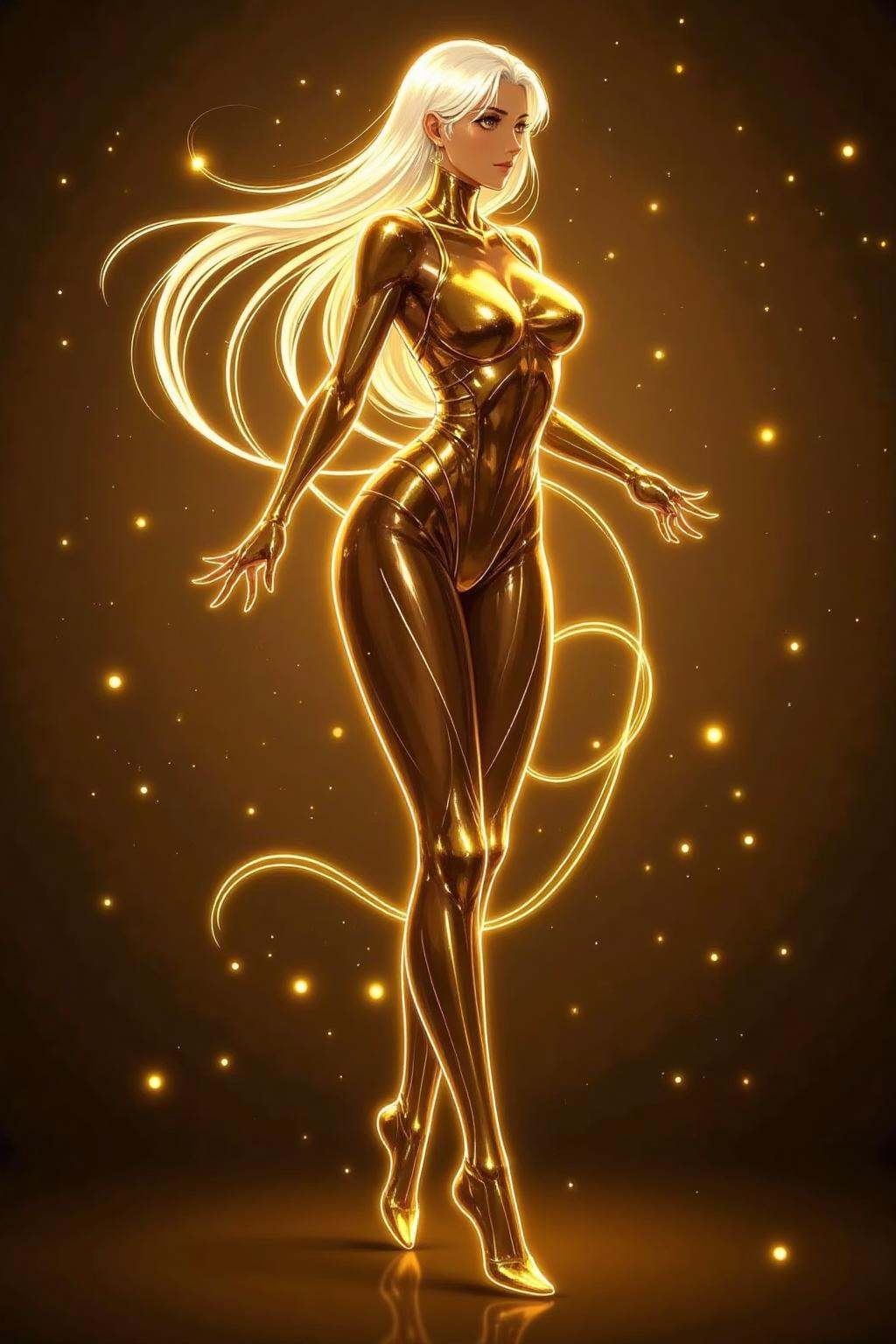golden line,golden line, 1girl, solo, long hair, very long hair, full body, dark-skinned female, breasts, dark skin, blonde hair, white hair, glowing, medium breasts, bodysuit