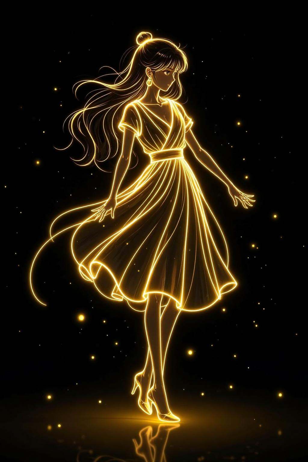 golden line,golden line,1girl,solo,long hair,see-through,dress,earrings,jewelry,full body,black background,black hair,glowing,short sleeves,yellow theme,high heels,standing,light particles,see-through silhouette,reflection,
