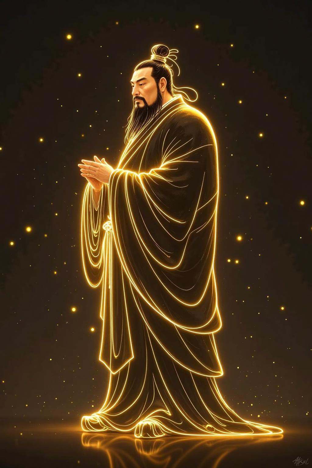 golden line,golden line, 1boy, male focus, solo, hanfu, beard, facial hair, chinese clothes, black hair, robe, standing, full body, hair bun, single hair bun, closed eyes, topknot, own hands together, glowing