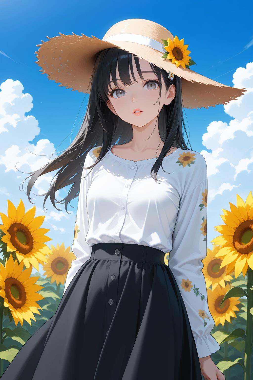 1girl, solo, flower, straw hat, long hair, hat, outdoors, black hair, sky, cloud, sunflower, looking at viewer, bangs, skirt, day, collarbone, hair ornament, floral print, long sleeves, parted lips, blue sky, breasts, shirt, hair flower, grey eyes, white shirt, black skirt, sun hat, small breasts, lips, standing
