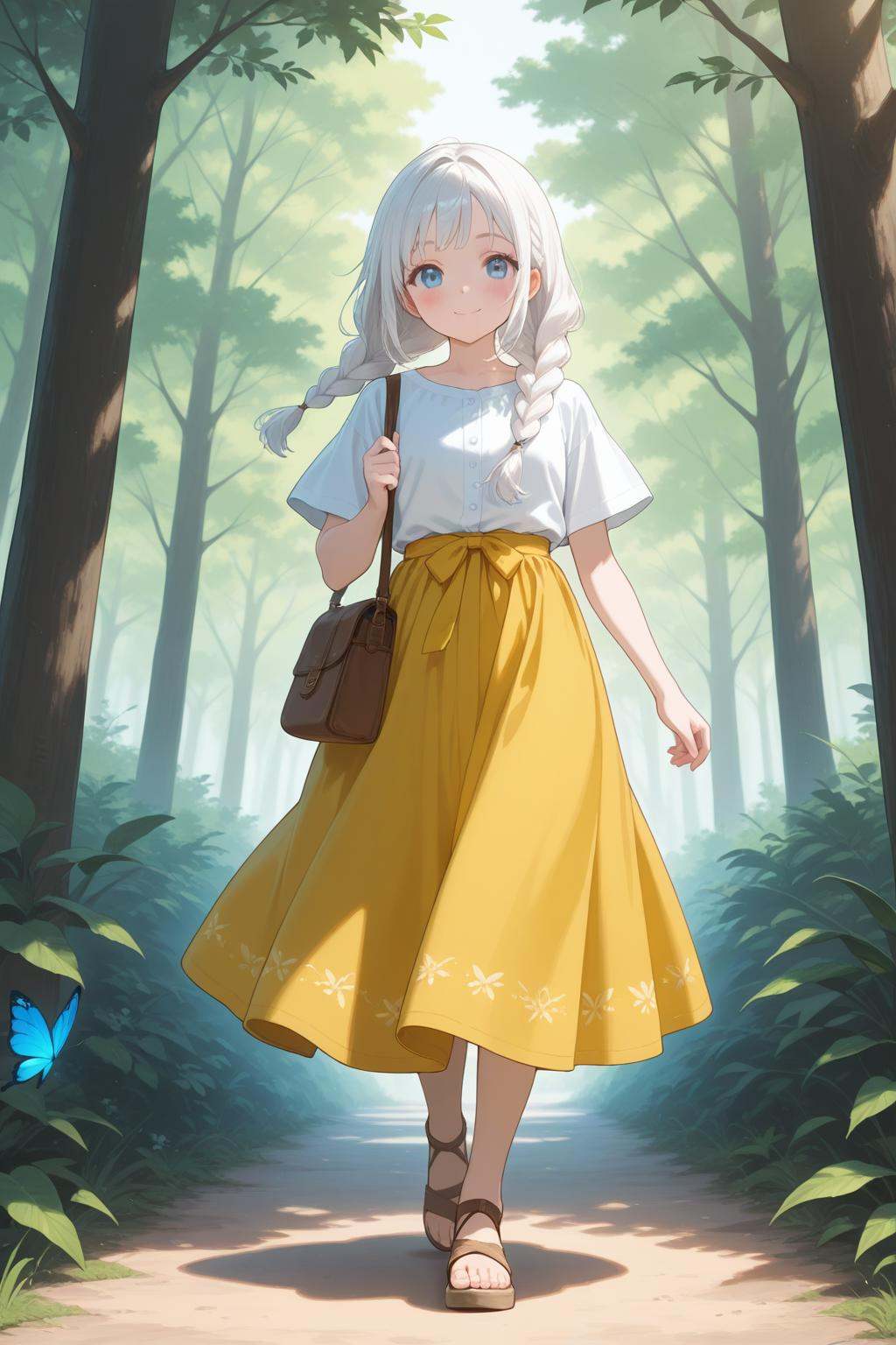 1girl,skirt,shirt,yellow skirt,solo,white shirt,blue eyes,braid,twin braids,butterfly,***,long hair,sandals,short sleeves,white hair,smile,looking at viewer,tree,outdoors,full body,blush,holding,bangs,long skirt,bag,closed mouth,twintails,nature,standing,walking,bow,