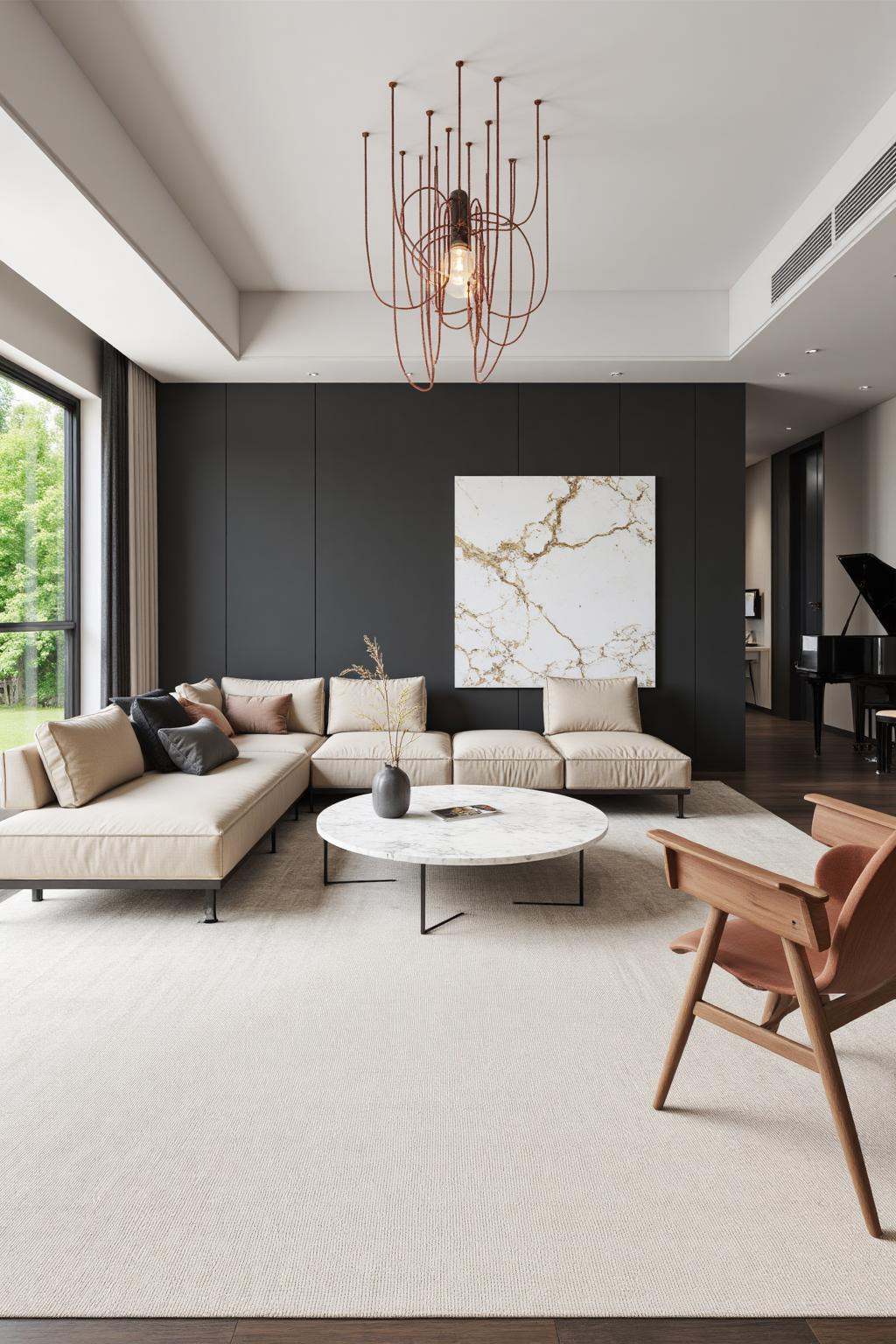This image is a high-resolution photograph of a modern,luxurious living room. The room features a large,L-shaped beige sectional sofa with a mix of cushions in various shades of beige and black. The sofa is positioned against a large,white marble coffee table with a sleek,black metal frame. To the right of the coffee table,there is a modern,brown armchair with a curved backrest and a matching ottoman.,The background wall is painted in a deep,rich black,accentuating the white,abstract marble art piece that dominates the space. Above the art piece,there is a unique,multi-strand,red pendant light fixture hanging from the ceiling,adding a touch of warmth and elegance to the room.,To the left of the sofa,a large window with floor-to-ceiling curtains lets in natural light,framing a view of lush greenery outside. The floor is covered in a large,light beige area rug with a subtle geometric pattern.,On the right side of the room,there is a grand piano against the wall,and a small,modern desk with a computer monitor and a lamp. The room is decorated with minimalist,contemporary furniture and artwork,exuding a sophisticated and stylish atmosphere.,