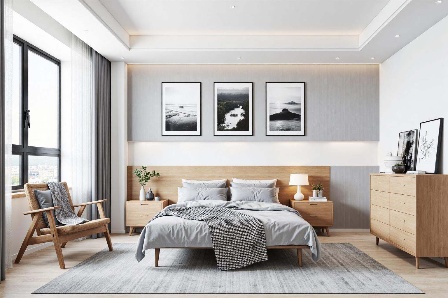 This image is a high-resolution photograph of a modern, minimalist bedroom. The room features a light gray, textured wallpaper on the upper half of the wall, transitioning to a white lower half with a built-in shelf. Above the bed, there are three framed black-and-white photographs in a horizontal line, each depicting serene landscapes. The bed, positioned centrally, has a light wood headboard and is **** up with a gray duvet and matching pillows. A black and white checkered blanket is neatly folded at the foot of the bed. To the left of the bed, there is a wooden nightstand with a small lamp and a potted plant. To the right, another nightstand holds a lamp with a white shade and a small decorative item. The floor is covered with a large, light gray rug with a subtle pattern, and the walls are painted in a soft white. A wooden dresser with drawers stands against the right wall, and on top of it are a few books, a small vase with a plant, and a framed picture. The room is well-lit with natural light from a large window on the left, partially covered with sheer gray curtains. A cozy armchair is positioned near the window, draped with a gray blanket. The overall atmosphere is calm and serene