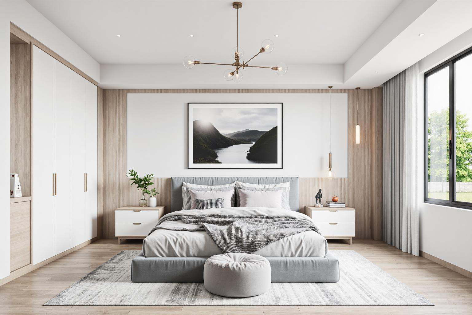 This is a high-resolution photograph of a modern,minimalist bedroom with a sleek and sophisticated design. The room features a large bed positioned centrally against a wall adorned with light wood paneling and a framed black-and-white photograph of a serene landscape. The bed is dressed in a neutral color palette with light gray bedding,a gray throw blanket,and two small pillows. A matching gray upholstered headboard adds a touch of texture and comfort.,On either side of the bed are white nightstands,each holding a single lamp with a modern,cylindrical design. Above the headboard hangs a trio of minimalist pendant lights with exposed bulbs,adding a contemporary touch to the room. A small green plant sits on one of the nightstands,adding a touch of nature.,The floor is covered with light wooden planks,and a large,light gray area rug with a subtle pattern lies beneath the bed. A small,round,light gray pouf sits at the foot of the bed,providing additional seating. The room's windows are dressed in white curtains that frame a view of a lush green landscape outside,allowing natural light to flood the space. The overall ambiance is calm and serene,with a focus on clean lines and neutral tones.,