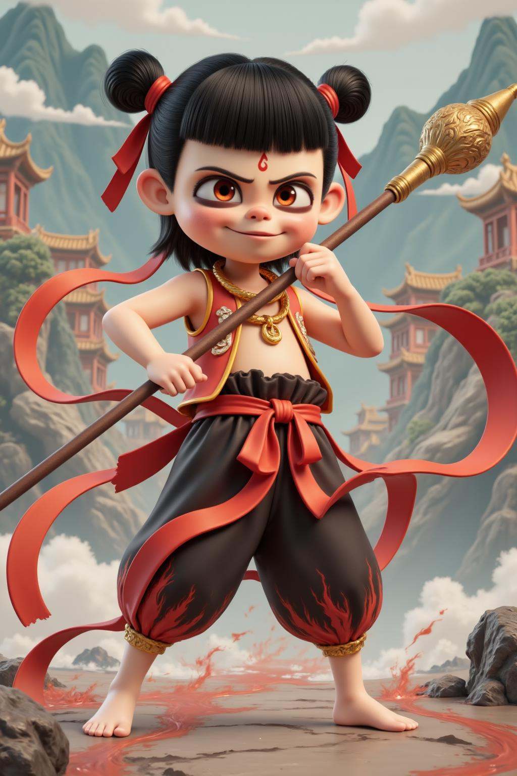 nezha,nezha,1boy,black hair,solo,with a meatball hairstyle on both sides of her head,barefoot,a golden Gankun circle around her neck,a red tassel spear in her hand,fighting posture,whole body,black pants and red bellyband,whole body composition,a red ribbon on Guo Zhe,and Donghai Dragon Palace in the background,
