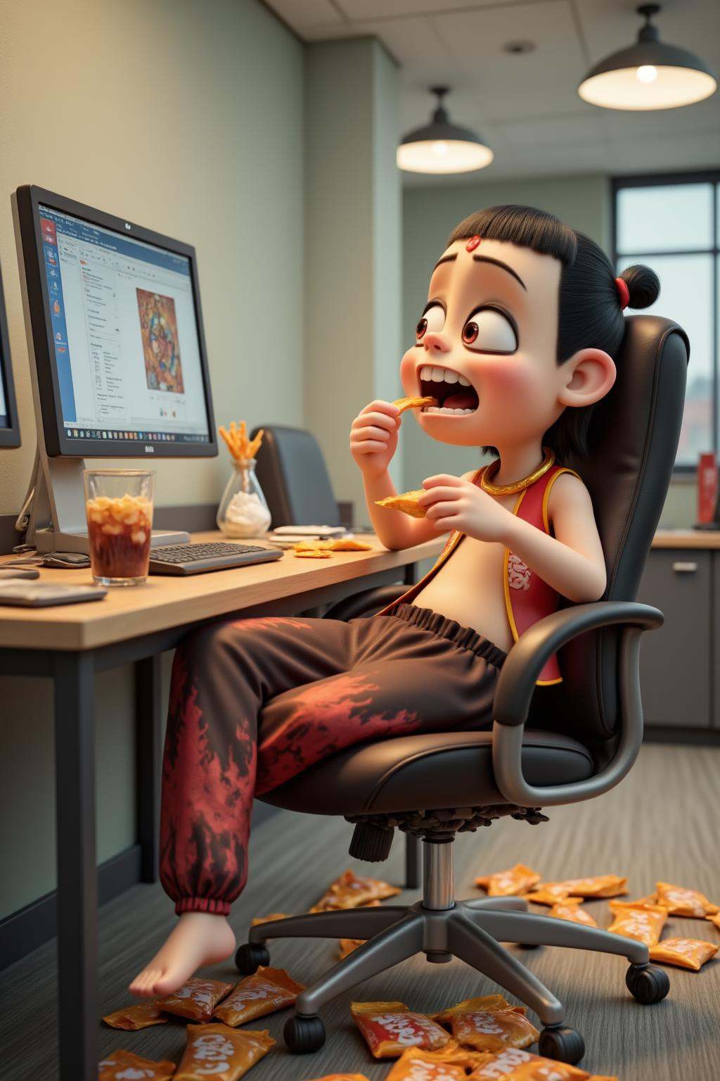 nezha,nezha,1boy,with milk tea in one hand and potato chips in the other,is eating,with crumbs all over his mouth. He lies on the office chair with his feet crossed on the table,snacking,with snack bags scattered on the floor. The background is an office .,