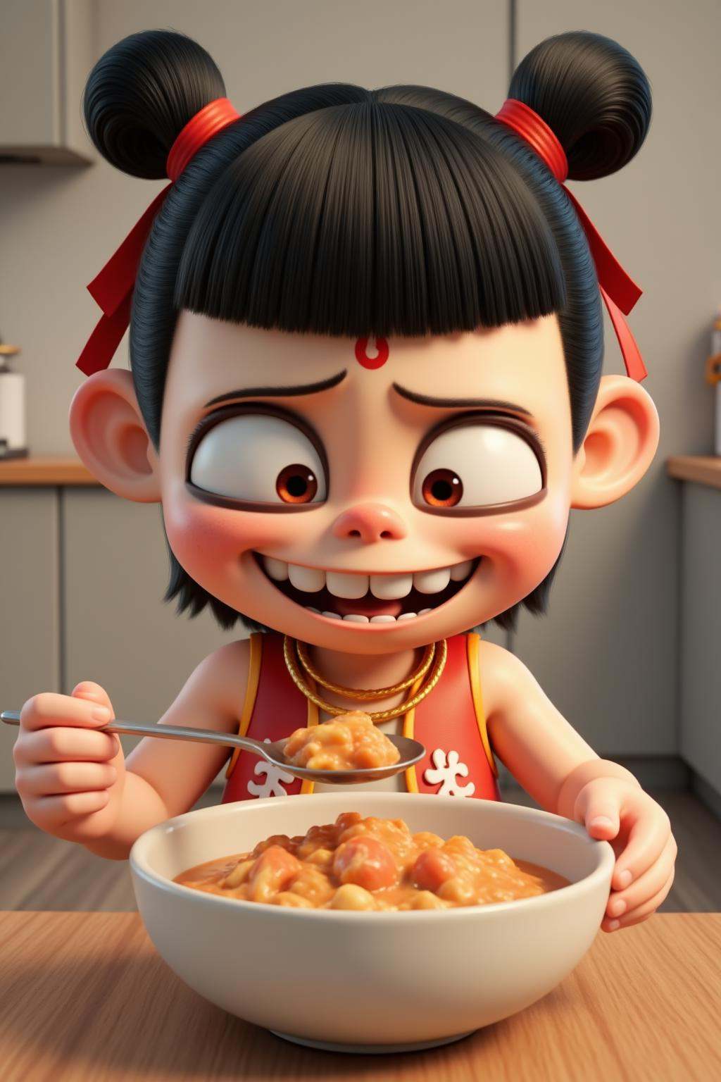 nezha,nezha, 1boy, bowl, solo, spoon, double bun, forehead mark, food, hair bun, holding spoon, smile, indoors, blurry background, holding, ribbon, hair ribbon, bib, teeth, facial mark, black hair, blurry