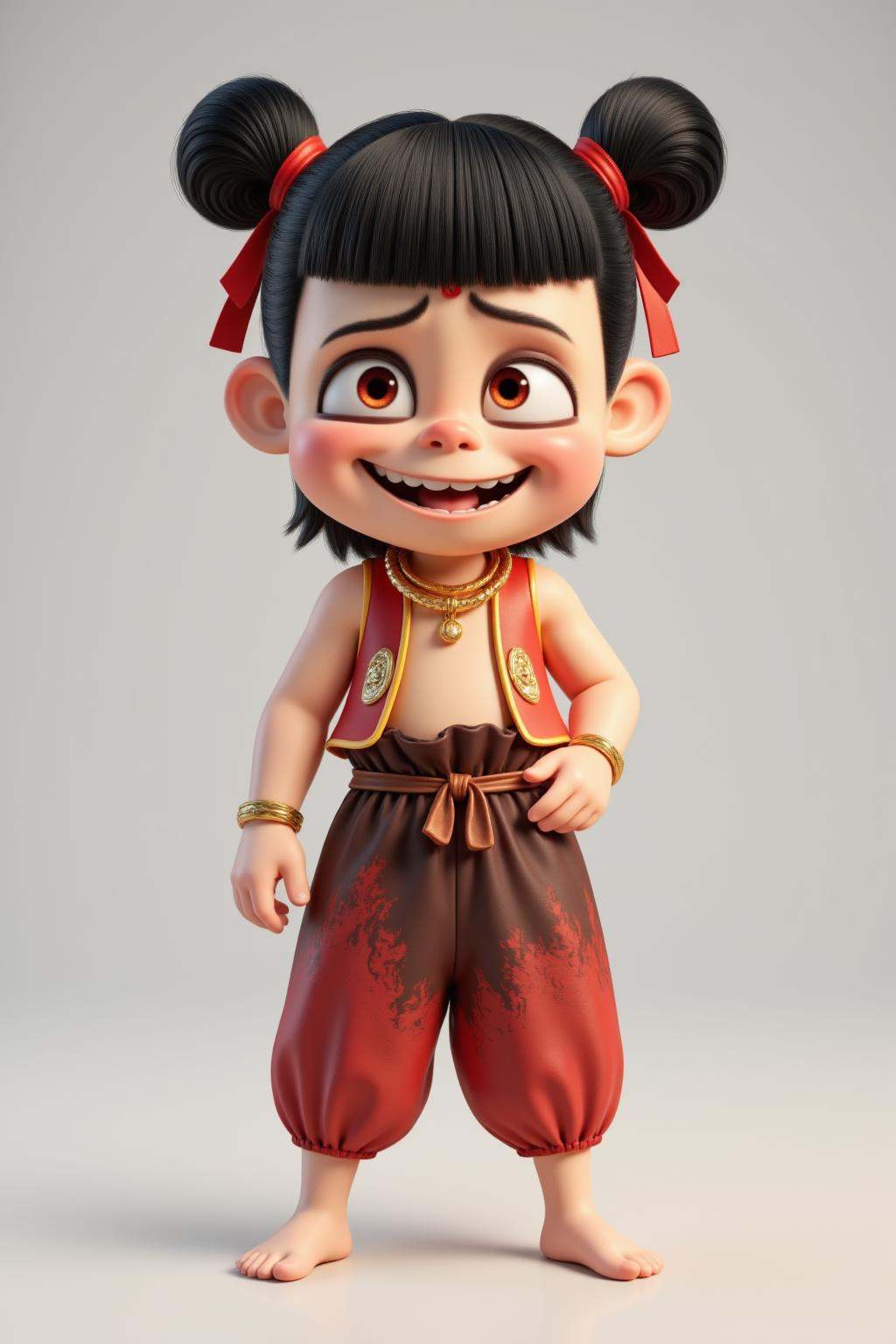 nezha,nezha,1boy,solo,barefoot,double bun,brown eyes,hair bun,jewelry,looking at viewer,full body,black hair,ribbon,bracelet,vest,smile,open mouth,