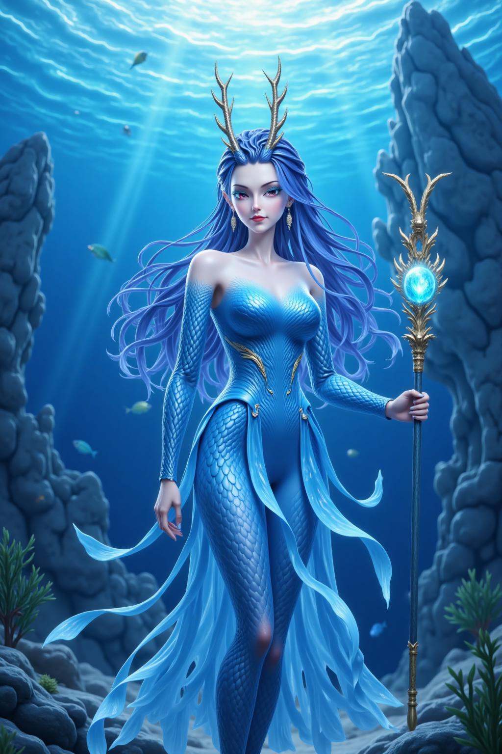 This is a highly detailed digital illustration in a fantasy art style, depicting a majestic, ethereal female figure standing in a serene underwater environment. The central figure is a young woman with long, flowing blue hair and a serene expression, adorned with intricate, golden antlers on her head. She wears a form-fitting, shimmering, blue fish-scale dress that extends into a flowing, layered skirt, blending seamlessly with the water around her. Her eyes are a striking, pale blue, matching her attire.In her right hand, she holds a majestic staff with a glowing, crystal orb at the top, emitting a soft blue light. The staff is adorned with ornate, golden details, including a serpent-**** creature at the base.The background is a mystical underwater realm, with blue hues dominating the scene. The water is clear, with gentle ripples and small fish swimming around. Large, rocky formations rise from the seabed, creating a sense of depth and grandeur. Sunlight filters through the water, casting a soft glow on the scene, enhancing the ethereal atmosphere. The overall mood is serene and mystical, with an air of otherworldly beauty and enchantment.