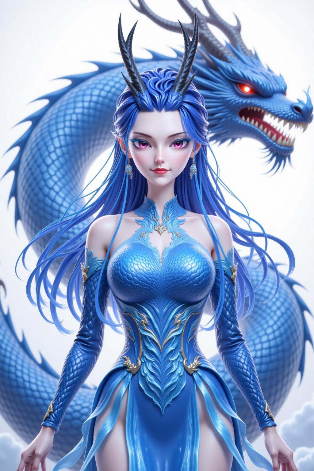 This is a highly detailed digital artwork featuring a striking fantasy character with a dragon. The central figure is a young woman with long,flowing blue hair that cascades down her back and shoulders. Her skin is fair,and she has large,expressive purple eyes with a confident and alluring expression. She wears a form-fitting,intricately designed blue dress that covers her torso and arms,with long,flowing sleeves. The dress features a high neckline,and the fabric is adorned with intricate,dragon-**** scales and patterns. The dress's hemline is high,revealing her thighs and hips,and it is secured with a thin,transparent belt that accentuates her waist.,Her attire is complemented by a pair of large,black,antler-**** horns protruding from her head,and she wears delicate,matching earrings. Behind her,a large,menacing blue dragon with sharp teeth and glowing red eyes is coiled in a menacing posture. The background is a soft gradient of white and light blue,which helps to highlight the vibrant colors and intricate details of the character and dragon. The overall style is highly realistic with a touch of fantasy,showcasing meticulous attention to texture and lighting,creating a visually captivating and immersive scene.,