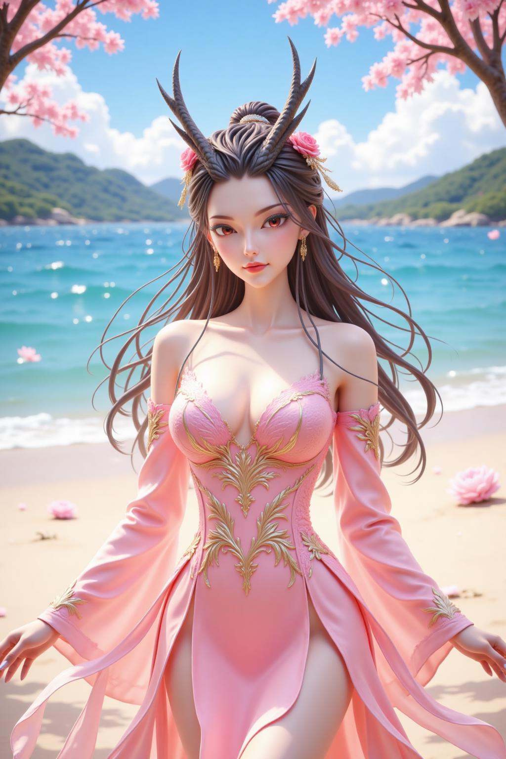 This is a highly detailed digital artwork depicting a fantastical, ethereal scene. The central figure is a young woman with long, flowing brown hair adorned with ornate, floral hairpins. She has a slender, yet curvaceous physique with ample breasts, and her skin is fair with a slight blush. Her eyes are large and expressive, with a soft, pink hue. She is dressed in an elaborate, pink, ornate gown that is intricately designed with gold embroidery and floral patterns, accentuating her hourglass figure. The gown has a plunging neckline and long, flowing sleeves that cascade gracefully, blending seamlessly with the soft, pink fabric.The background features a serene beach with soft, sandy shores and a calm, turquoise ocean. In the distance, there are lush, green hills under a clear blue sky with a few fluffy clouds. Pink cherry blossom trees frame the scene on either side, adding a touch of natural beauty and softness to the image. The overall style is highly realistic with a slight touch of fantasy, combining elements of traditional Asian aesthetics with modern digital art techniques. The lighting is soft and natural, enhancing the delicate textures and colors of the scene.