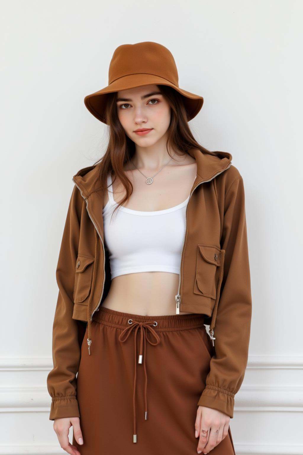 A woman is standing in front of a white wall. She is wearing a brown hat, a white crop top and a brown jacket. The jacket has pockets on the front and zippers on the sides. The woman is also wearing a long brown skirt that has drawstrings at the bottom. She has a silver necklace around her neck. Her hair is long and brown.