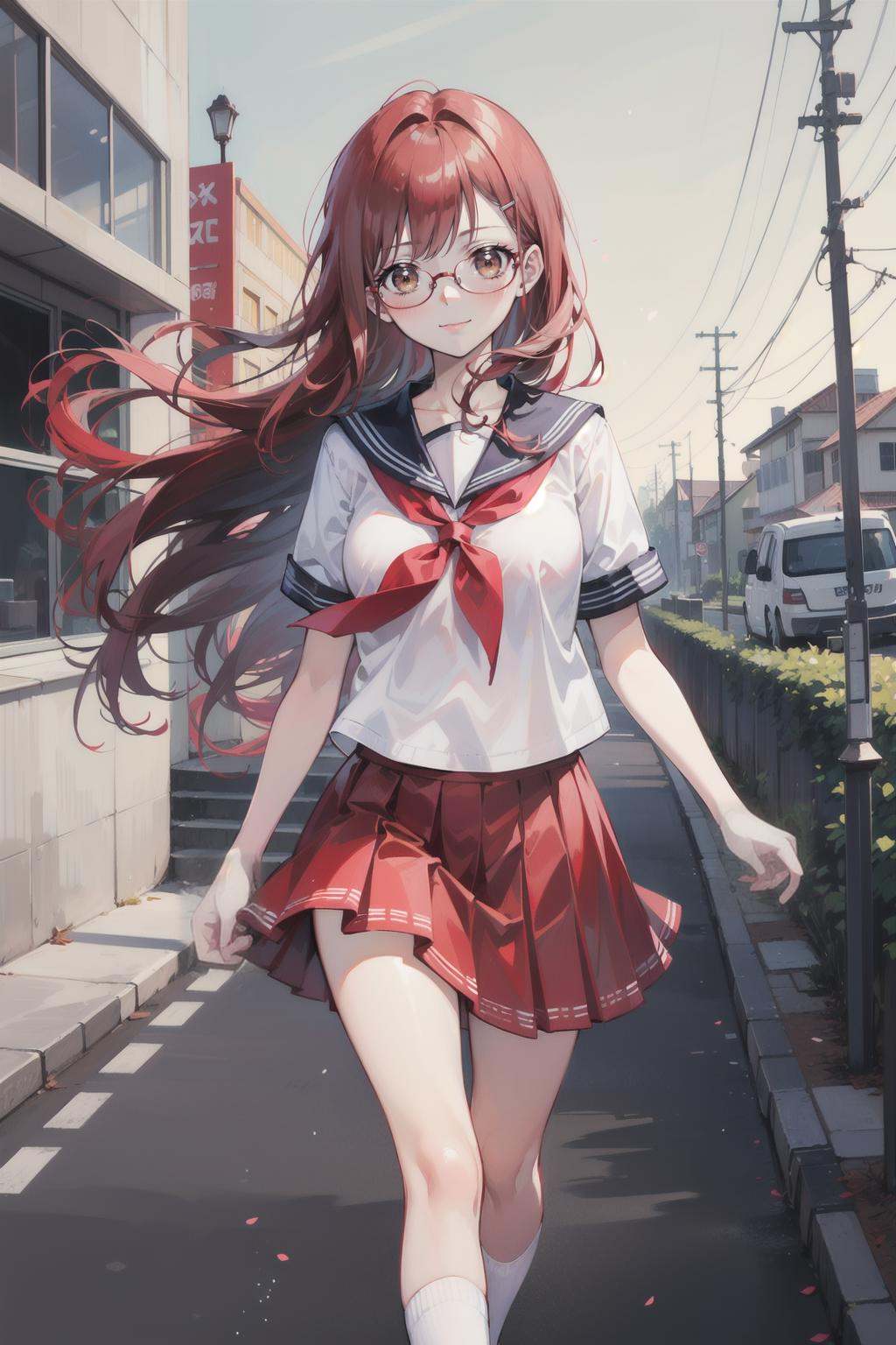 masterpiece, best quality, 1girl, aimie, brown eyes, red hair, long hair, red glasses, sailor collar, serafuku, yellow neckerchief, white shirt, red skirt, school uniform, smile, walking, city