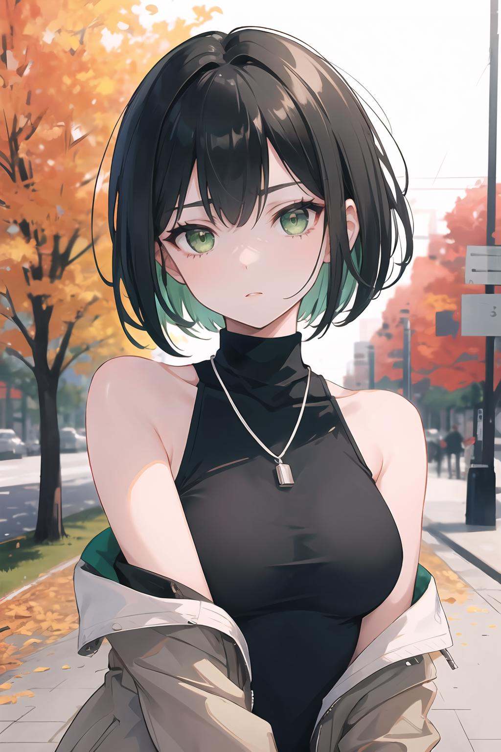 1girl, upper body focus, short bob-cut black hair, green eyes, wearing a fitted dark green turtleneck sweater, sleeveless, with a stylish leather jacket draped over shoulders, silver chain necklace, casual yet confident posture, hand in pocket, exposed collarbone, looking slightly to the side, soft sunlight casting shadows, detailed face, sharp focus, clean lines, blurred urban park background with autumn trees for depth