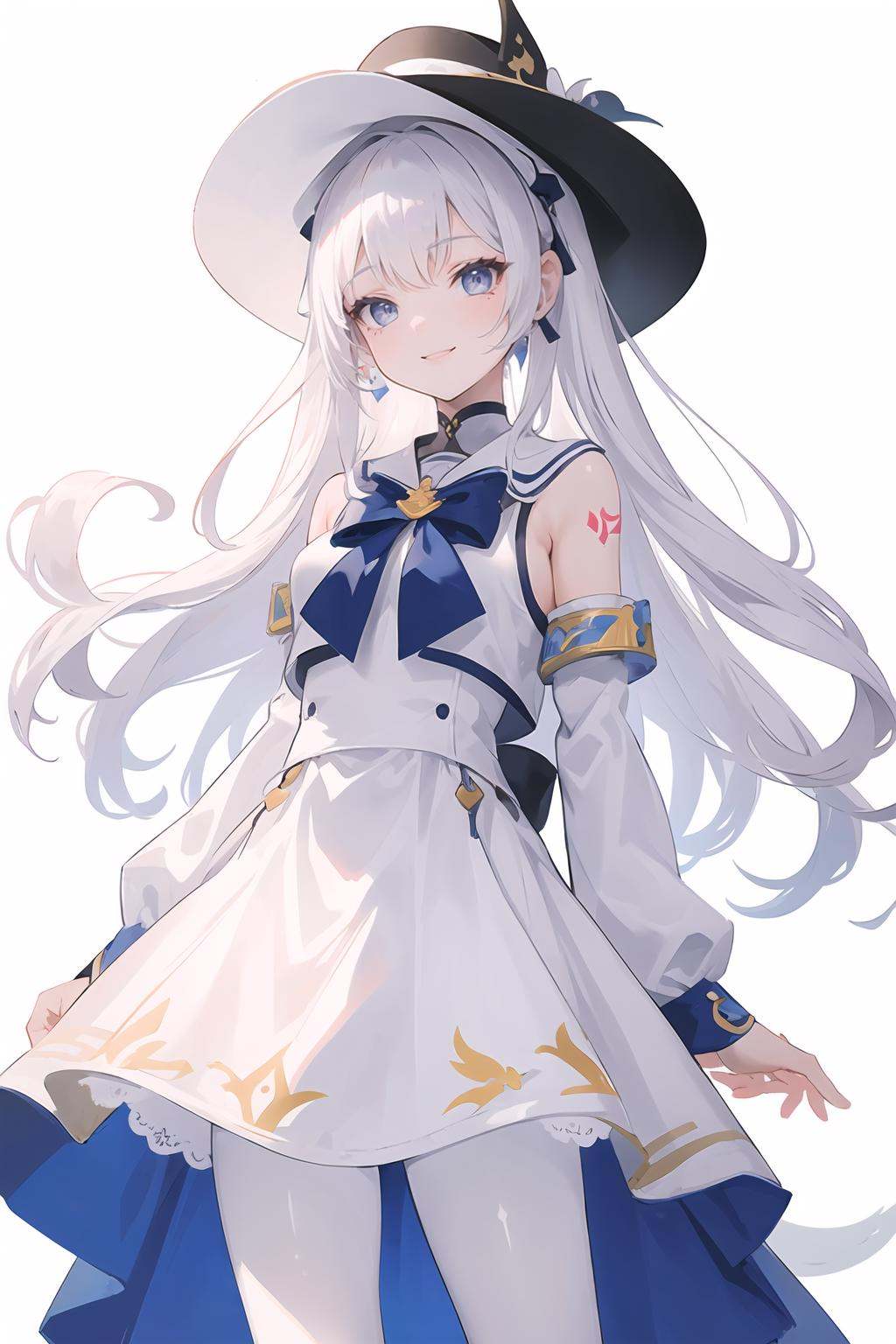 ((masterpiece,best quality)),1girl,phoebe,white hat,leg tattoo,white pantyhose,arms behind back,cowboy shot,smile,white background,