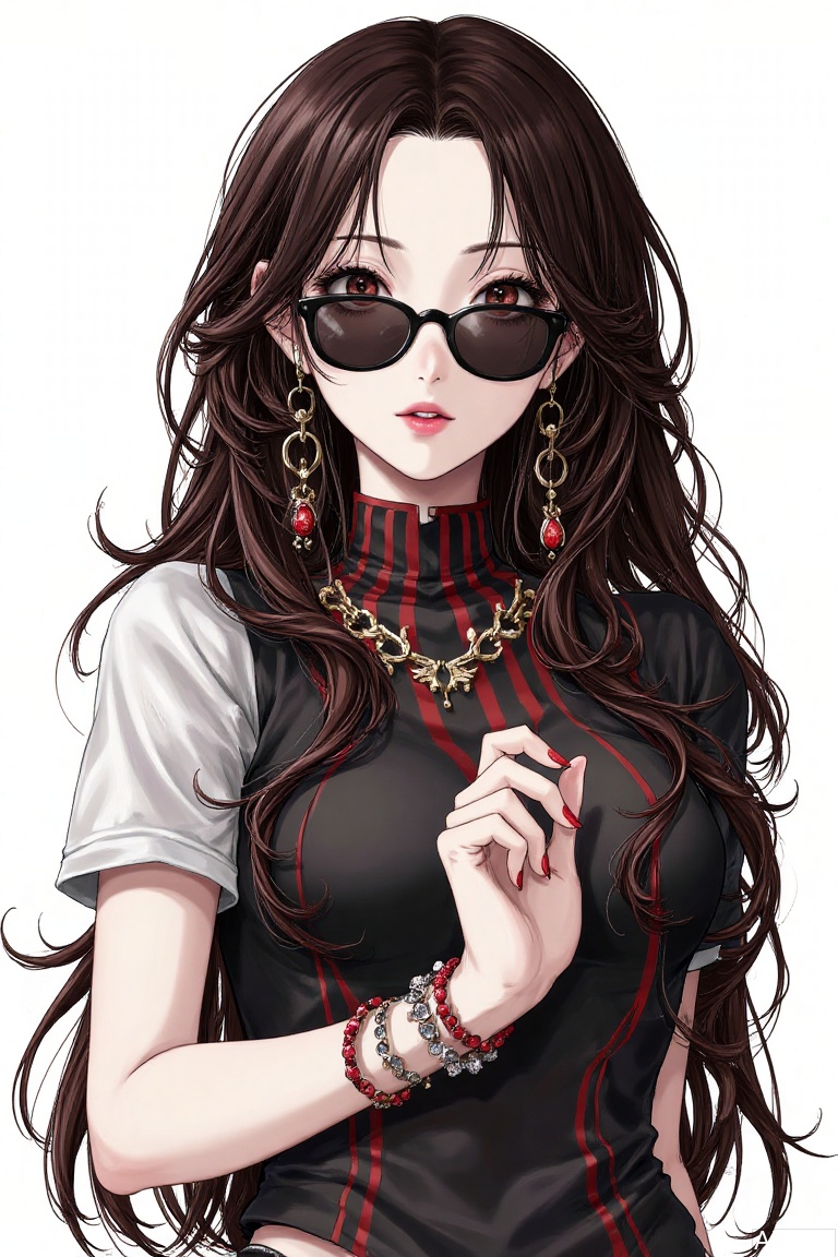 artist_syd,1girl,solo,very long hair,sunglasses,upper body,callbones,red lips,eye shadows,
