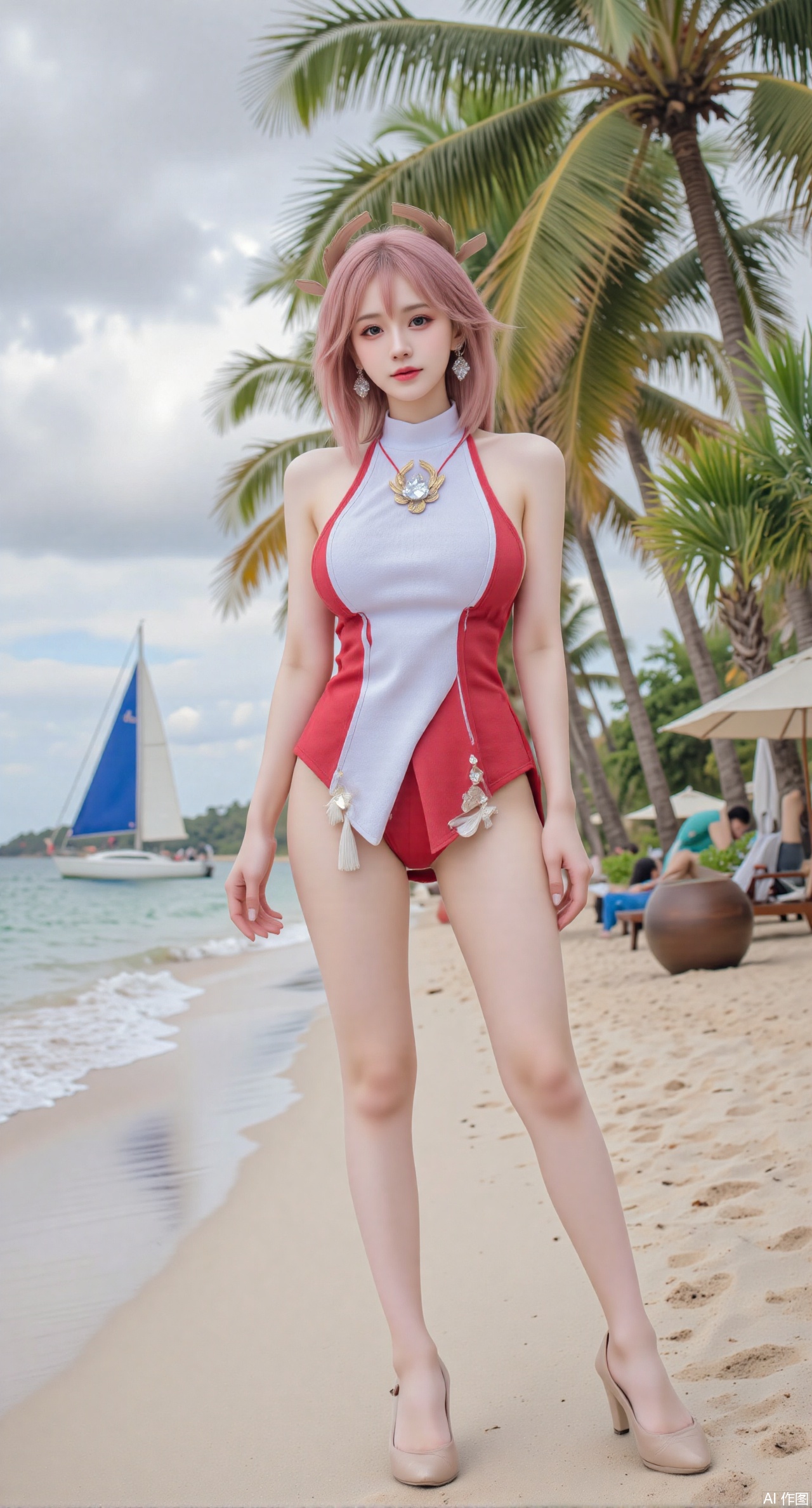 sfw,(masterpiece:1.2),best quality,absurdres,masterpiece,original,extremely detailed wallpaper,perfect lighting,1girl,solo,looking at viewer,(cowboy_shot:1.3),short hair,high heels,blurry background,depth of field,motion blur,crystal_earrings,headpiece,in summer,day,outdoors,nature,(standing,Seaside, beach, sailboat, coconut trees:1.59),(huge breasts:2.99),(full breasts:2.99),Xyuenanaodai,XzhihuaX,Xleidianjiangjun,Xxianingshuang