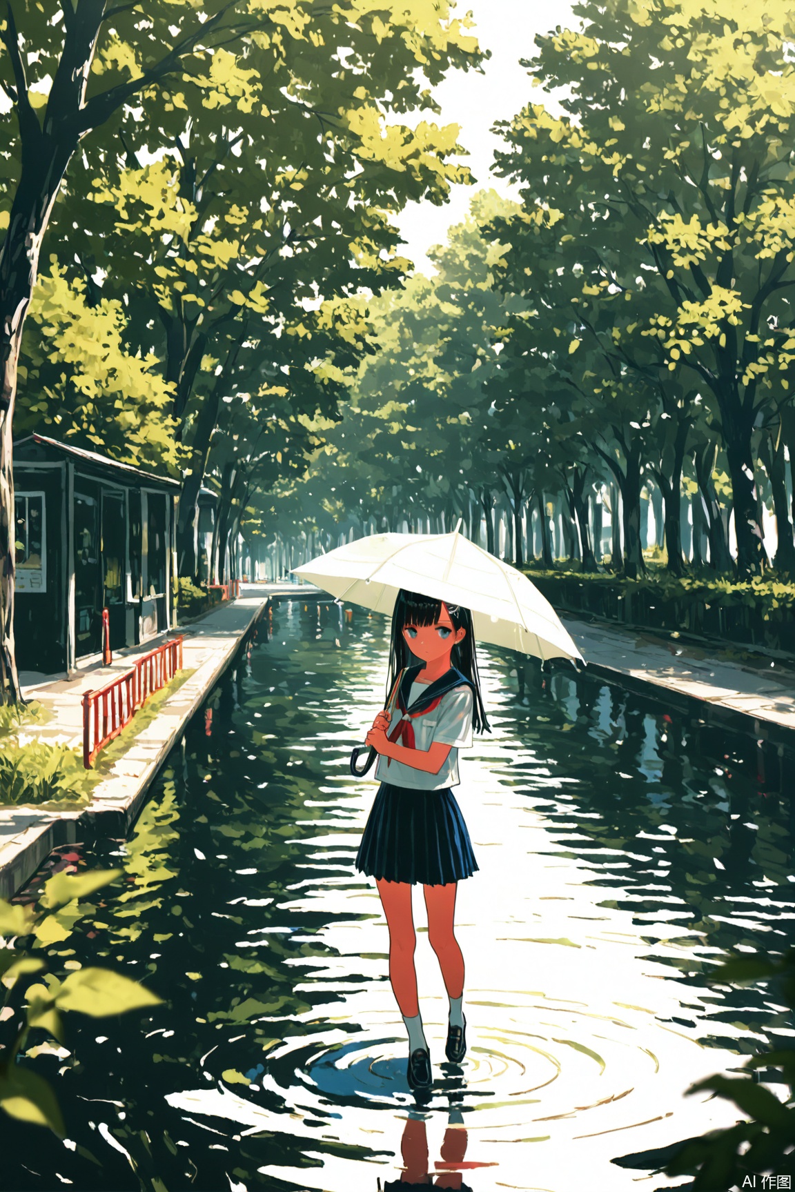 (Murata_Renge:0.8),(reoen1:1),(as109:0.7),(Saebe_Shun:0.7),(akipeko:0.7),(Toronto:0.8),(lineart:0.8),(fuzichoco:0.6),(Mika Pikazo:0.4),(Artist: sheya:0.5),(wlop:0.4),Illustration,Simple Flat Coloring,lightshadow,line art,shadow,masterpiece,best quality,good quality,very aesthetic,A shot with tension,impactful picture,offcial art,movie perspective,masterpiece,facing the lens,best quality,very aesthetic,extremely delicate and beautiful,huge filesize,amazing quality,Blurred foreground,solo_focus,simple_background,depth_of_field,sunlight,reflective,masterful details,intricate details,soothing tones,high contrast,natural skin texture,soft light,sharp,ultra-high resolution,32K UHD, 1girl, solo, long hair, skirt, school uniform, shoes, water, tree, umbrella, transparent