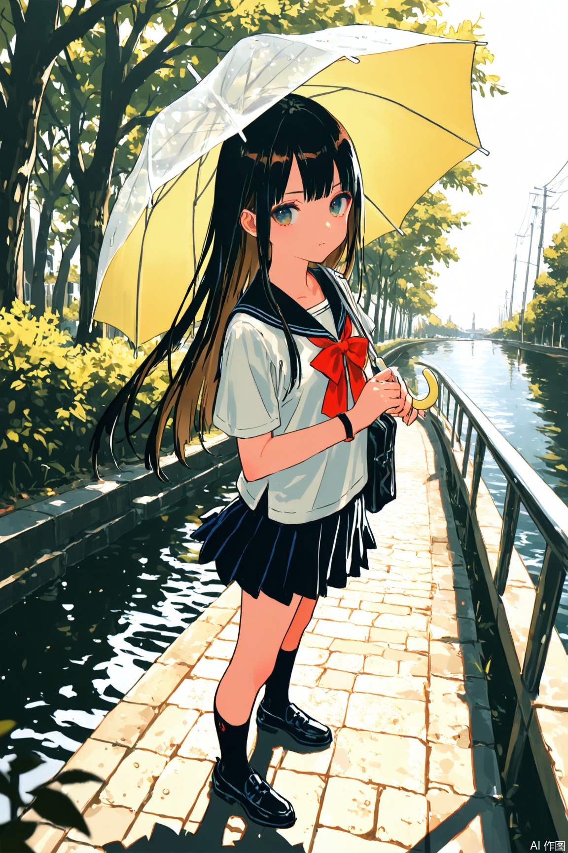 (Murata_Renge:0.8),(reoen1:1),(as109:0.7),(Saebe_Shun:0.7),(akipeko:0.7),(Toronto:0.8),(lineart:0.8),(fuzichoco:0.6),(Mika Pikazo:0.4),(Artist: sheya:0.5),(wlop:0.4),Illustration,Simple Flat Coloring,lightshadow,line art,shadow,masterpiece,best quality,good quality,very aesthetic,A shot with tension,impactful picture,offcial art,movie perspective,masterpiece,facing the lens,best quality,very aesthetic,extremely delicate and beautiful,huge filesize,amazing quality,Blurred foreground,solo_focus,simple_background,depth_of_field,sunlight,reflective,masterful details,intricate details,soothing tones,high contrast,natural skin texture,soft light,sharp,ultra-high resolution,32K UHD, 1girl, solo, long hair, skirt, school uniform, shoes, water, tree, umbrella, transparent