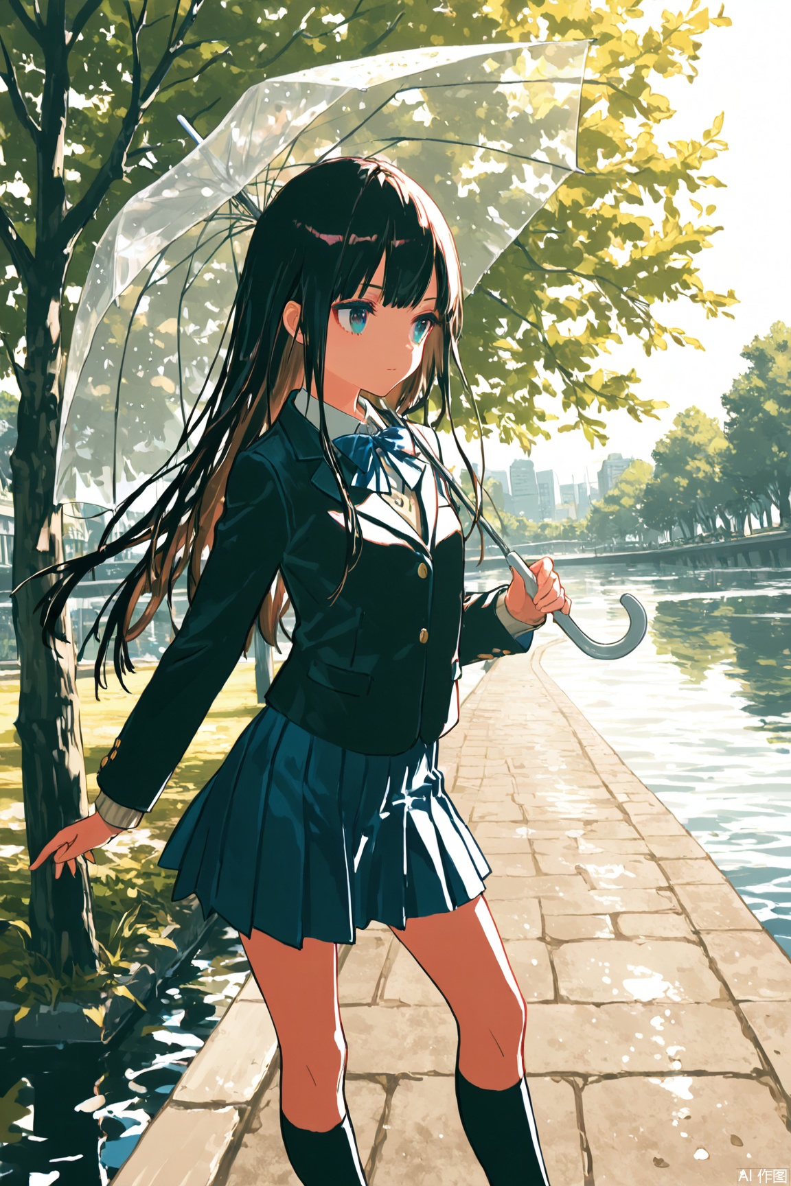 (Murata_Renge:0.8),(reoen1:1),(as109:0.7),(Saebe_Shun:0.7),(akipeko:0.7),(Toronto:0.8),(lineart:0.8),(fuzichoco:0.6),(Mika Pikazo:0.4),(Artist: sheya:0.5),(wlop:0.4),Illustration,Simple Flat Coloring,lightshadow,line art,shadow,masterpiece,best quality,good quality,very aesthetic,A shot with tension,impactful picture,offcial art,movie perspective,masterpiece,facing the lens,best quality,very aesthetic,extremely delicate and beautiful,huge filesize,amazing quality,Blurred foreground,solo_focus,simple_background,depth_of_field,sunlight,reflective,masterful details,intricate details,soothing tones,high contrast,natural skin texture,soft light,sharp,ultra-high resolution,32K UHD, 1girl, solo, long hair, skirt, school uniform, shoes, water, tree, umbrella, transparent