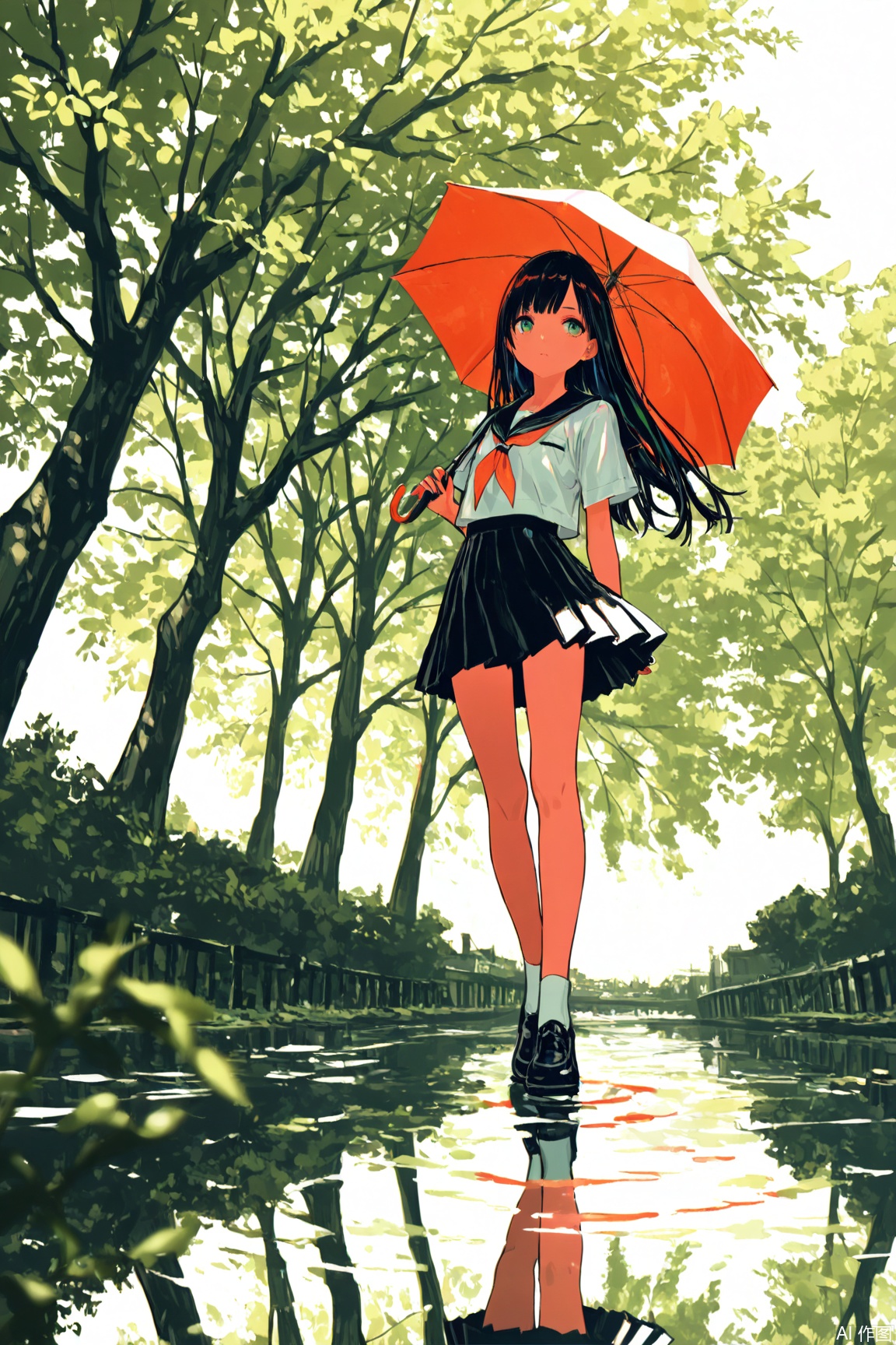 (Murata_Renge:0.8),(reoen1:1),(as109:0.7),(Saebe_Shun:0.7),(akipeko:0.7),(Toronto:0.8),(lineart:0.8),(fuzichoco:0.6),(Mika Pikazo:0.4),(Artist: sheya:0.5),(wlop:0.4),Illustration,Simple Flat Coloring,lightshadow,line art,shadow,masterpiece,best quality,good quality,very aesthetic,A shot with tension,impactful picture,offcial art,movie perspective,masterpiece,facing the lens,best quality,very aesthetic,extremely delicate and beautiful,huge filesize,amazing quality,Blurred foreground,solo_focus,simple_background,depth_of_field,sunlight,reflective,masterful details,intricate details,soothing tones,high contrast,natural skin texture,soft light,sharp,ultra-high resolution,32K UHD, 1girl, solo, long hair, skirt, school uniform, shoes, water, tree, umbrella, transparent
