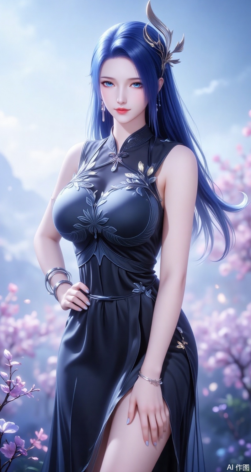 baoshi,lvjing,ayin,long hair,blue eyes,hair ornament,jewelry,blue hair,1girl,dress,jewelry,earrings,china dress,chinese clothes,blurry background,blurry,breasts,solo,looking at viewer,hand on own hip,floral print,sleeveless,black dress,sleeveless dress,bracelet,parted lips,bare shoulders,side slit,cowboy shot,holding, cover,simple background,gradient background,close-up details,outstanding style,(baoshi),adding a touch of dimension to your images without compromising details,close-up,