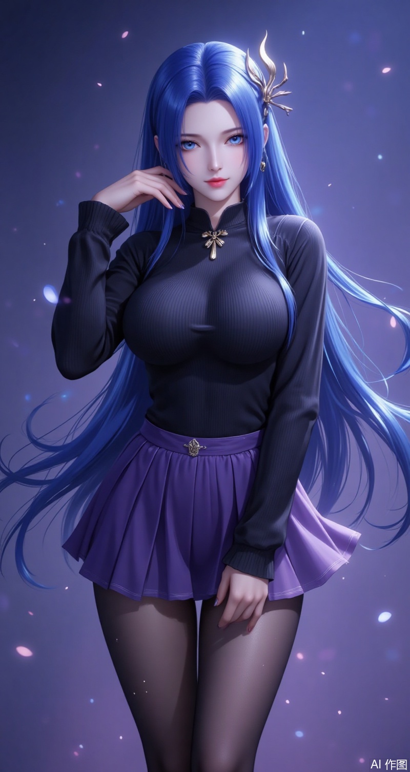baoshi,lvjing,ayin,long hair,blue eyes,hair ornament,jewelry,blue hair,1girl,pantyhose,breasts,skirt,solo,ass,large breasts,bangs,black pantyhose,looking at viewer,purple skirt,black sweater,long sleeves,underwear,sweater,turtleneck,pleated skirt,black shirt,gradient background,simple background,simple background,gradient_background,cover,Close-up details,outstanding style,adding a touch of dimension to your images without compromising details,close-up,