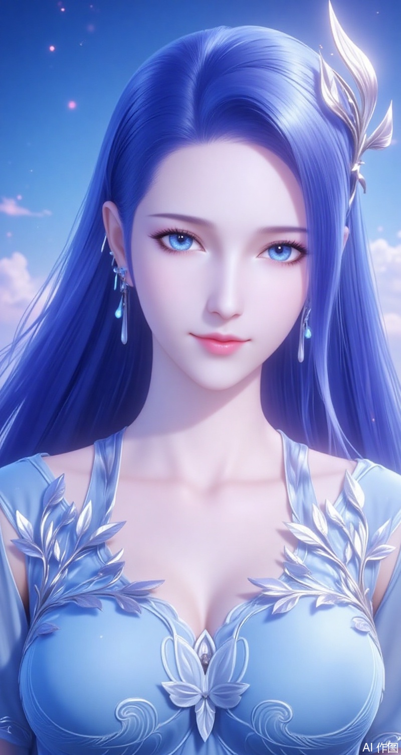 baoshi,lvjing,ayin,1girl, solo, long hair, looking at viewer, blue eyes, hair ornament, dress, jewelry, blue hair, upper body, earrings, sky, blue dress, simple background,gradient_background,Close-up details,outstanding style,adding a touch of dimension to your images without compromising details,absurdres,colorful,