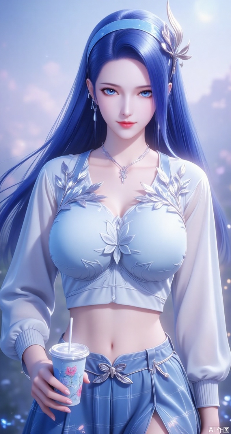 baoshi,lvjing,ayin,long hair,blue eyes,hair ornament,jewelry,blue hair,1girl,skirt,plaid skirt,realistic,solo,plaid,cup,blurry background,blurry,looking at viewer,holding,disposable cup,holding cup,hairband,sweater,necklace,crop top,blue hairband,midriff,shirt,jewelry,white sweater,off shoulder,white shirt,4,cover,simple background,gradient background,close-up details,outstanding style,adding a touch of dimension to your images without compromising details,close-up,