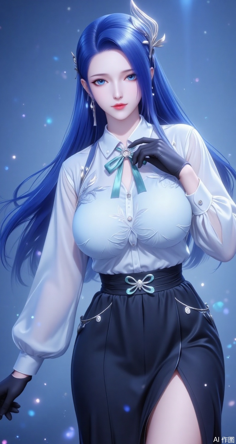 baoshi,lvjing,ayin,long hair,blue eyes,hair ornament,jewelry,blue hair,1girl,solo,earrings,gloves,jewelry,breasts,skirt,shirt,large breasts,looking at viewer,white shirt,belt,pencil skirt,black gloves,simple background,alternate costume,black skirt,green ribbon,long sleeves,lips,blue background,ribbon,collared shirt,side slit,4,cover,simple background,gradient background,close-up details,outstanding style,adding a touch of dimension to your images without compromising details,close-up,