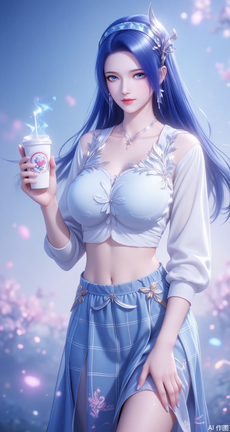 baoshi,lvjing,ayin,long hair,blue eyes,hair ornament,jewelry,blue hair,1girl,skirt,plaid skirt,realistic,solo,plaid,cup,blurry background,blurry,looking at viewer,holding,disposable cup,holding cup,hairband,sweater,necklace,crop top,blue hairband,midriff,shirt,jewelry,white sweater,off shoulder,white shirt,4,cover,simple background,gradient background,close-up details,outstanding style,adding a touch of dimension to your images without compromising details,close-up,