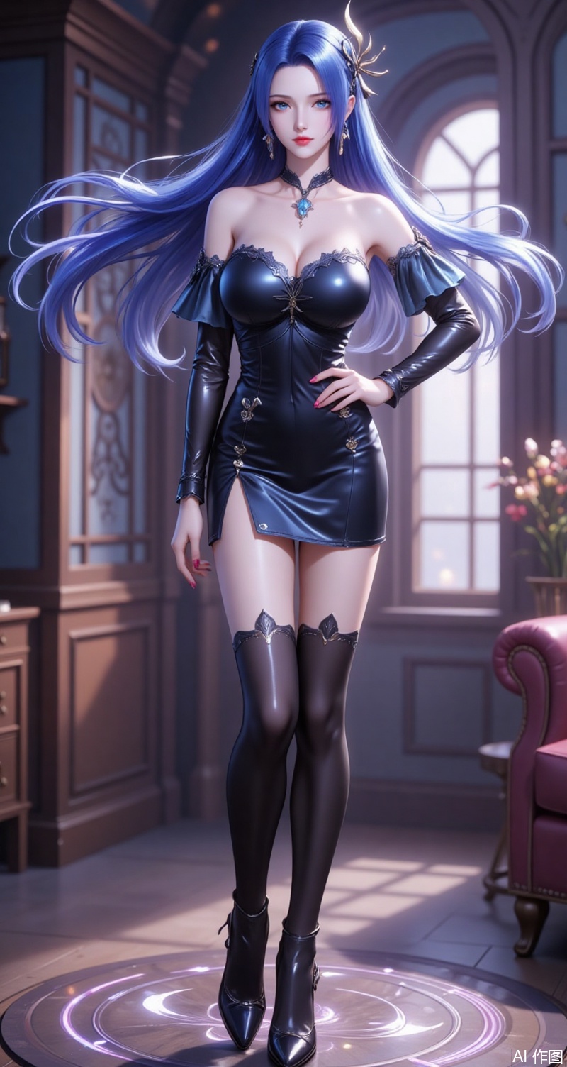 baoshi,lvjing,ayin,long hair,blue eyes,hair ornament,jewelry,blue hair,1girl,solo,dress,earrings,jewelry,boots,hand on own hip,thigh boots,full body,black footwear,latex,black dress,detached sleeves,bare shoulders,strapless,short dress,thighhighs,shiny clothes,looking at viewer,strapless dress,standing,hoop earrings,breasts,indoor,red lips,nail polish,high heels,leather,pencil dress,high heel boots,close-up details,outstanding style,adding a touch of dimension to your images without compromising details,close-up,