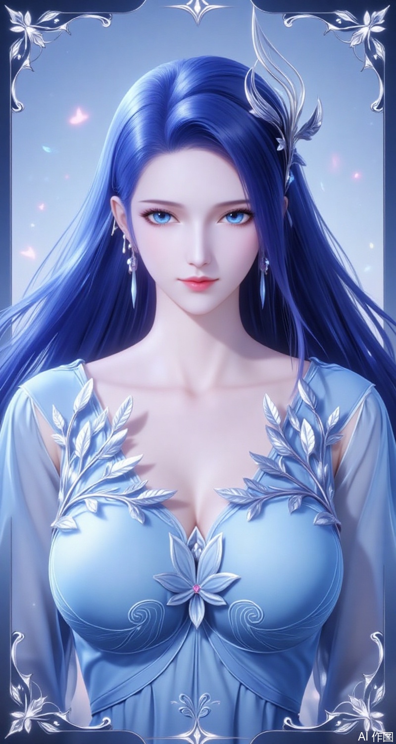 baoshi,lvjing,ayin,long hair,blue eyes,hair ornament,jewelry,blue hair,1girl,solo,earrings,jewelry,looking at viewer,breasts,tarot,collarbone,upper body,dress,closed mouth,card \(medium\),tarot \(medium\),frills,border,15,cover,simple background,gradient background,close-up details,outstanding style,(baoshi),adding a touch of dimension to your images without compromising details,close-up,