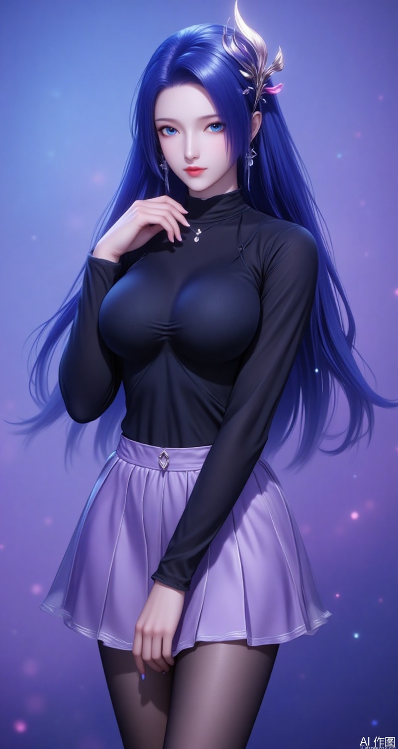 baoshi,lvjing,ayin,long hair,blue eyes,hair ornament,jewelry,blue hair,1girl,pantyhose,breasts,skirt,solo,ass,large breasts,bangs,black pantyhose,looking at viewer,purple skirt,black sweater,long sleeves,underwear,sweater,turtleneck,pleated skirt,black shirt,gradient background,simple background,simple background,gradient_background,cover,Close-up details,outstanding style,adding a touch of dimension to your images without compromising details,close-up,
