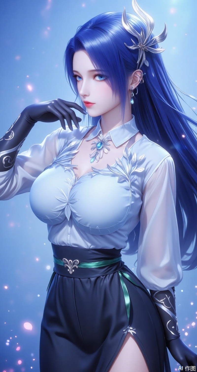 baoshi,lvjing,ayin,long hair,blue eyes,hair ornament,jewelry,blue hair,1girl,solo,earrings,gloves,jewelry,breasts,skirt,shirt,large breasts,looking at viewer,white shirt,belt,pencil skirt,black gloves,simple background,alternate costume,black skirt,green ribbon,long sleeves,lips,blue background,ribbon,collared shirt,side slit,4,cover,simple background,gradient background,close-up details,outstanding style,adding a touch of dimension to your images without compromising details,close-up,