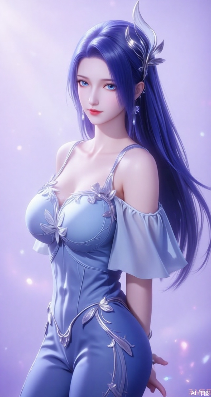baoshi,lvjing,ayin,long hair,blue eyes,hair ornament,jewelry,blue hair,1girl,solo,breasts,dress,looking at viewer,bare shoulders,off shoulder,makeup,large breasts,shadow,cowboy shot,sash,red lips,light purple background,lips,long sleeves,off-shoulder dress,lipstick,bodysuit,pants,arms behind back,standing,cover,simple background,gradient background,close-up details,outstanding style,adding a touch of dimension to your images without compromising details,close-up,