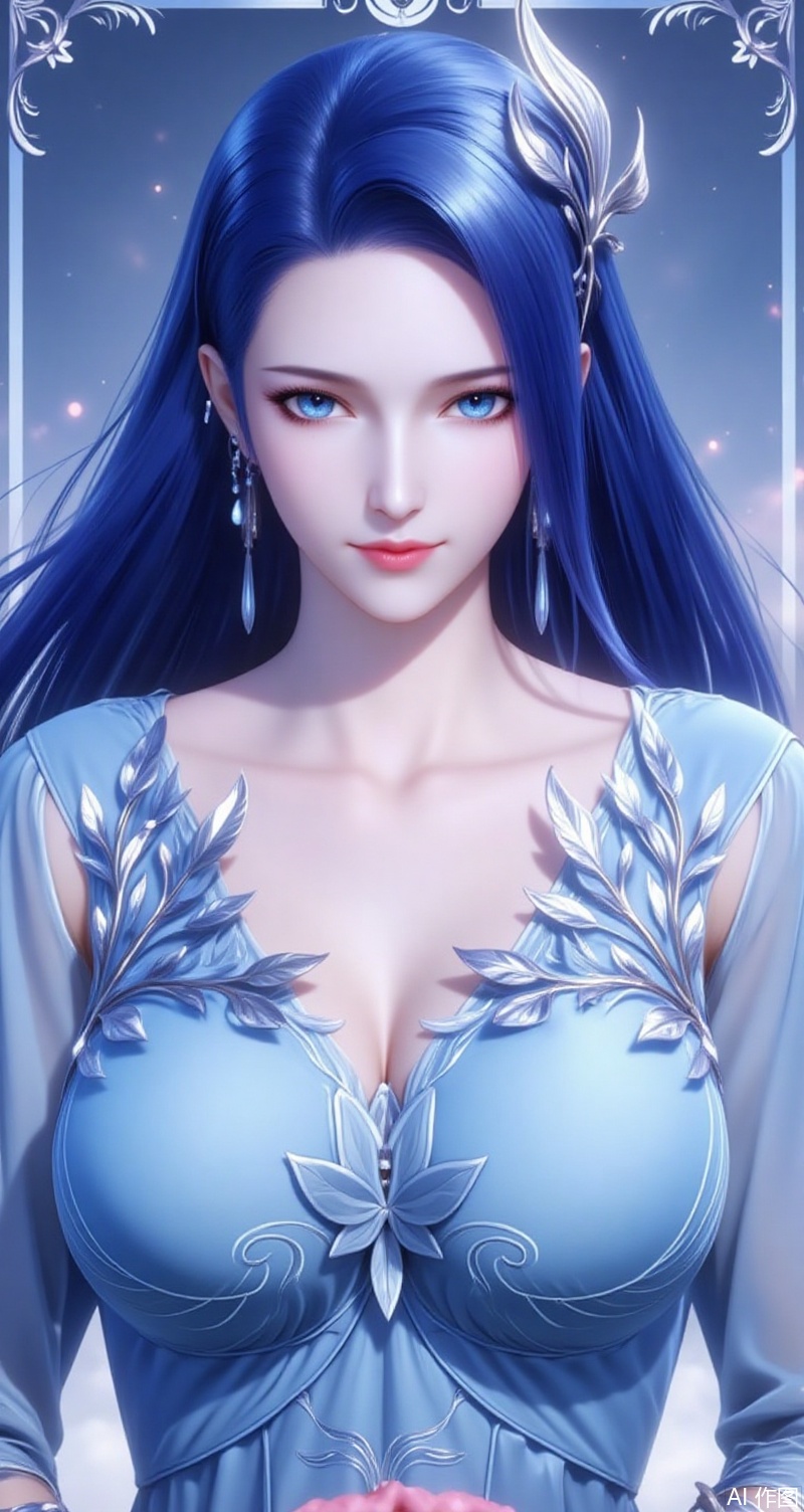baoshi,lvjing,ayin,long hair,blue eyes,hair ornament,jewelry,blue hair,1girl,solo,earrings,jewelry,looking at viewer,breasts,tarot,collarbone,upper body,dress,closed mouth,card \(medium\),tarot \(medium\),frills,border,15,cover,simple background,gradient background,close-up details,outstanding style,(baoshi),adding a touch of dimension to your images without compromising details,close-up,